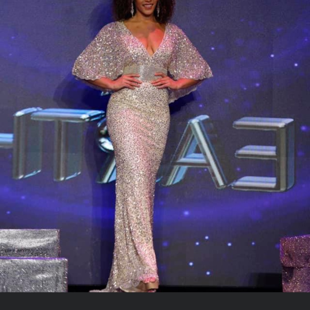 Mac Duggal high waistline sequin gown with Cape!